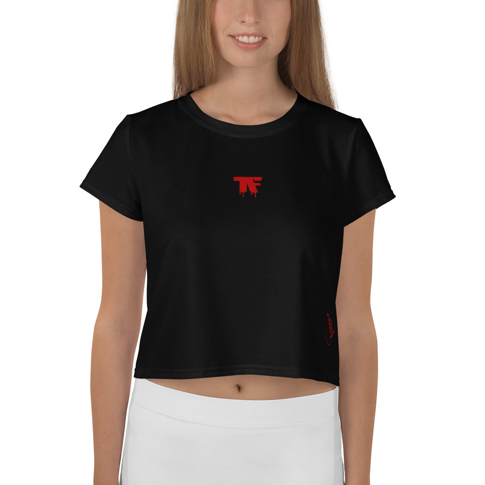Activewear for women - black crop t-shirt with minimalist red logo and tattoos
