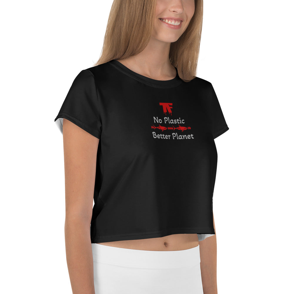 Activewear. Women crop tops black with red tattoos. Slogan : No Plastic Better Planet
