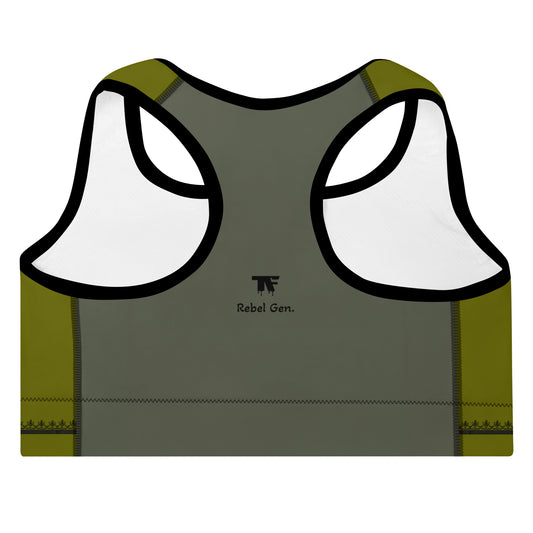 Activewear for women. Padded Sport Bra with Khaki and green design associated to minimalist tattoos.
