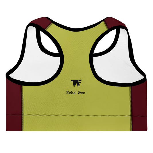 Activewear for women. surf inspired padded sport bra burgundy and anis with a surfer tattoo