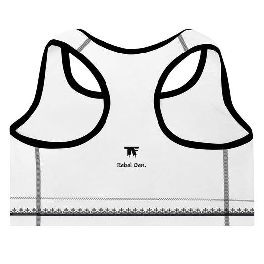 Activewear for women. White padded sport bra with TheFamous 'Art of Sport' signature. Back View