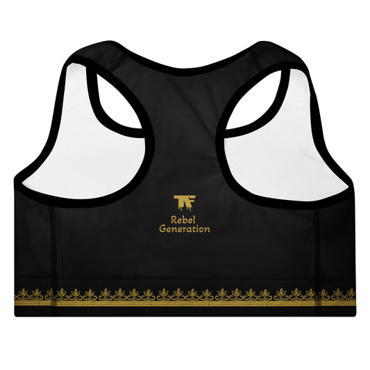 Activewear for women. Black padded Sport Bra with Gold tattoos.