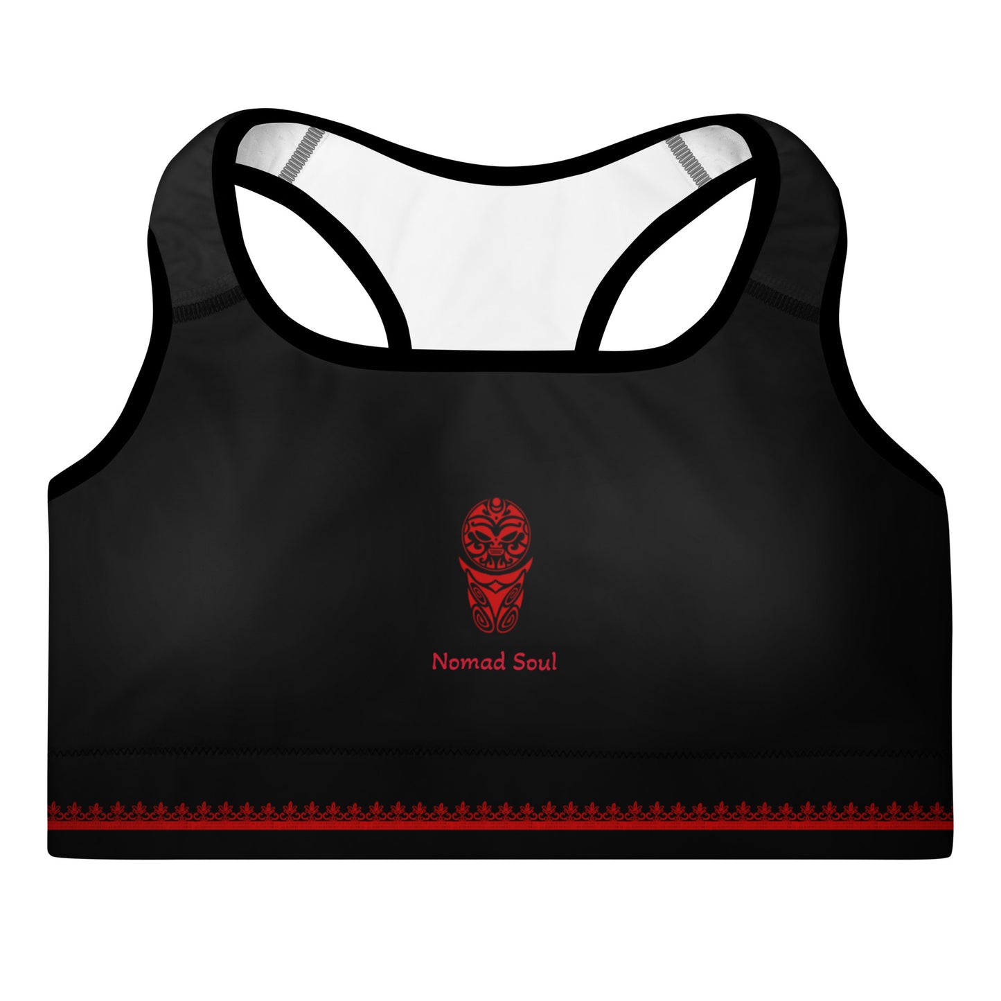 Activewear for women. Black padded sport bra with a touch of red tattoos