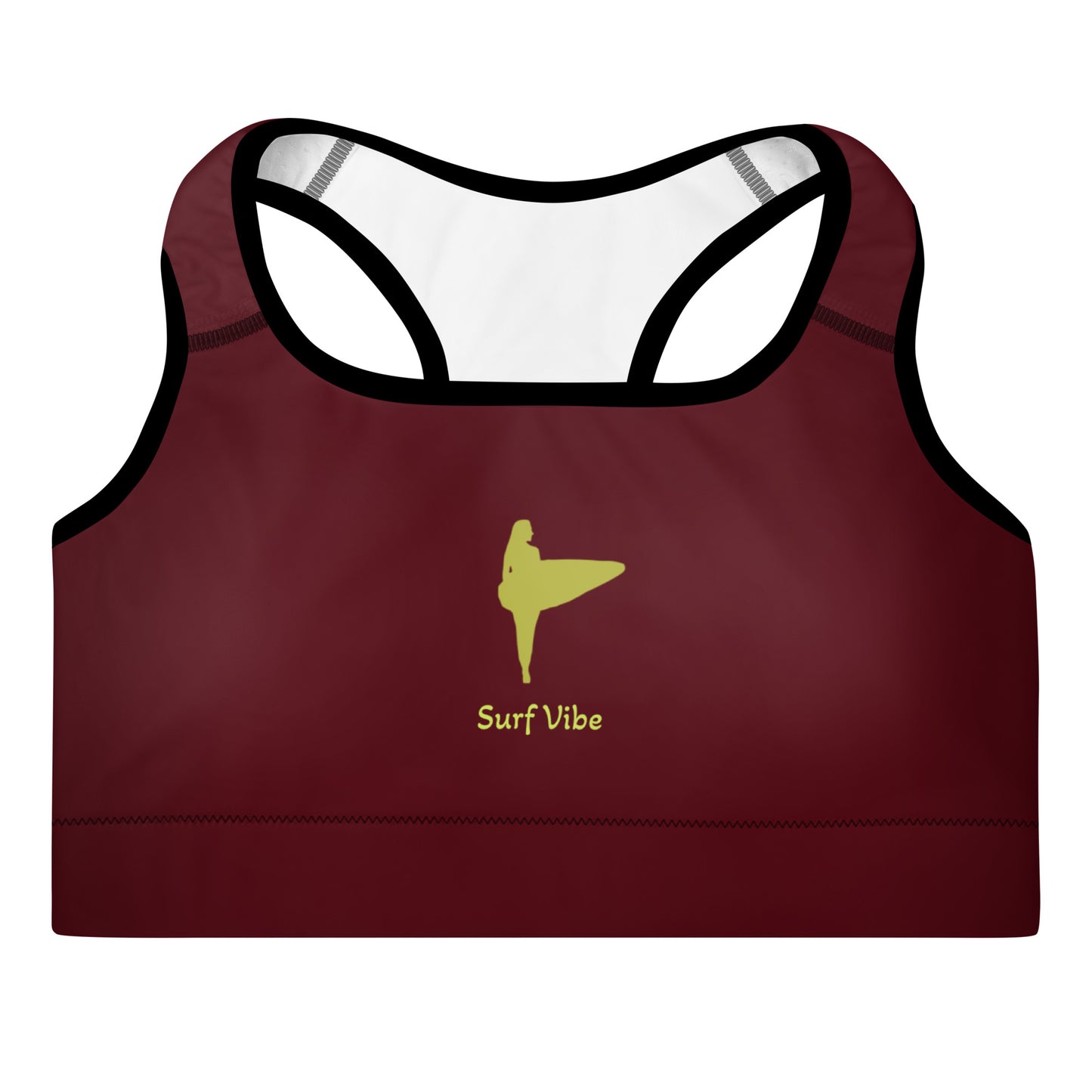Activewear for women. surf inspired padded sport bra burgundy and anis with a surfer tattoo