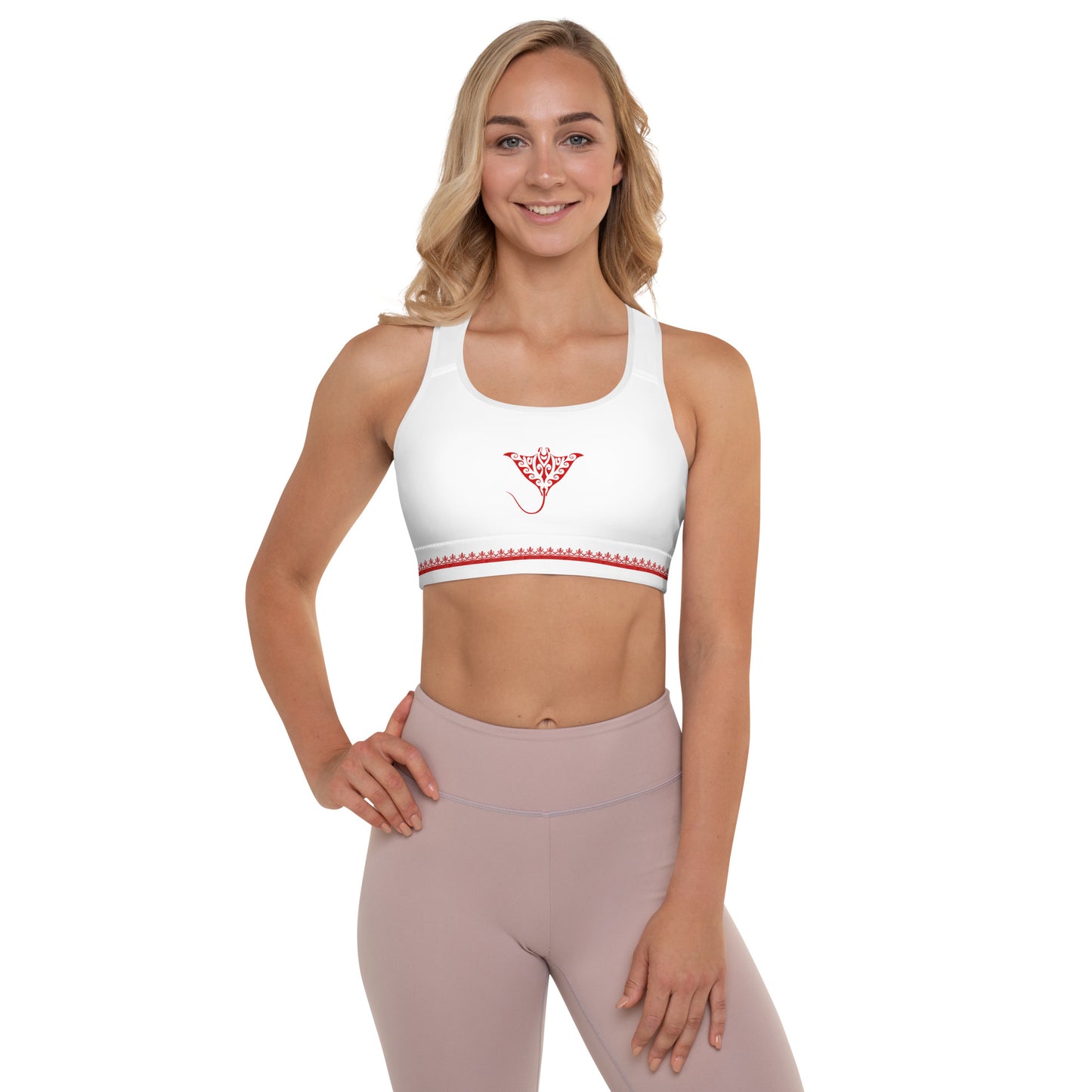 Activewear for women. White padded sport bra with a red Morocco inspired design
