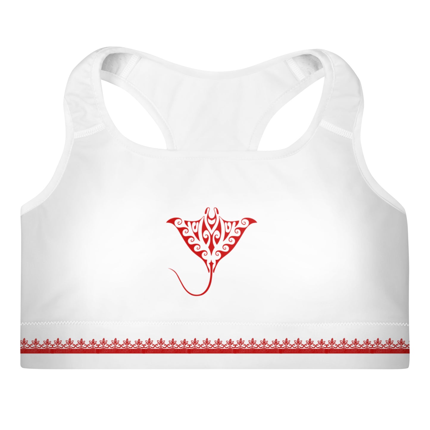 Activewear for women. White padded sport bra with a red Morocco inspired design