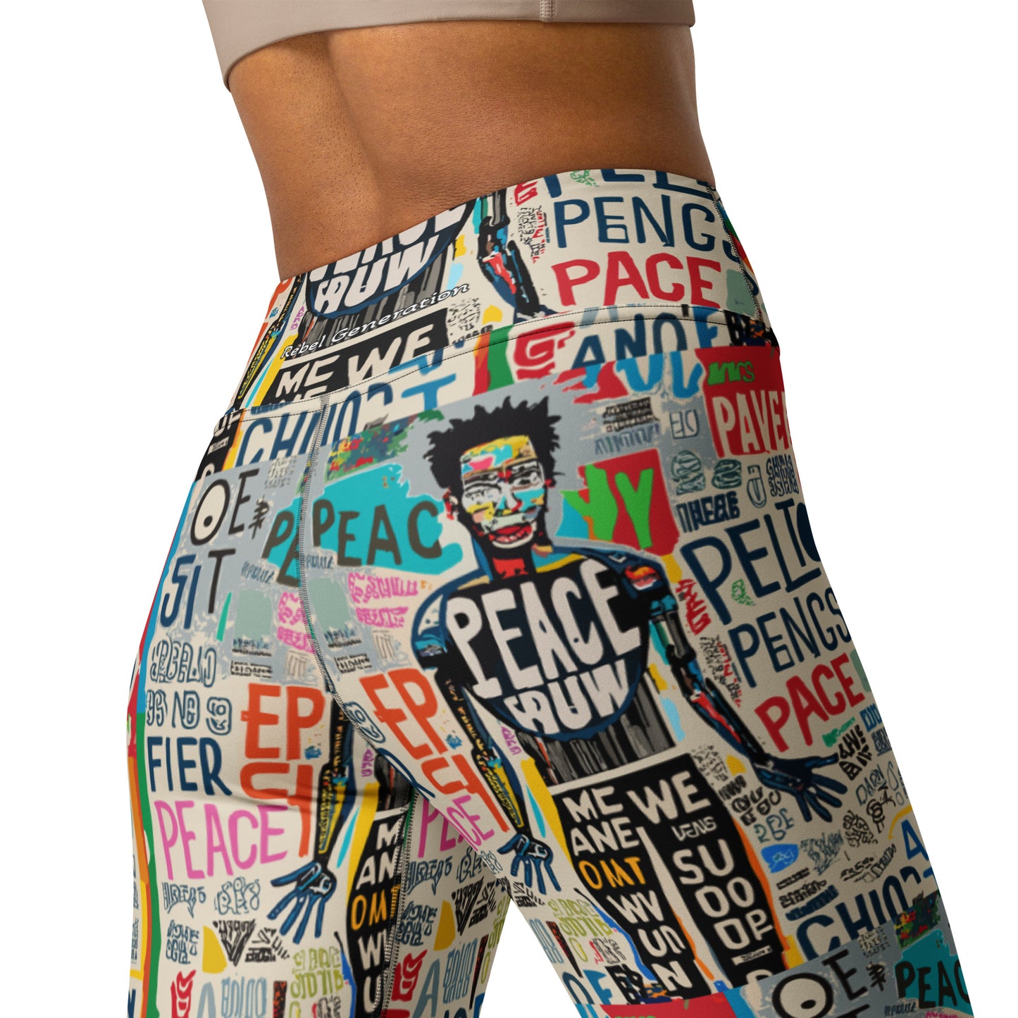 Limited edition leggings which feature a dynamic camouflage pattern infused with vibrant street art elements,