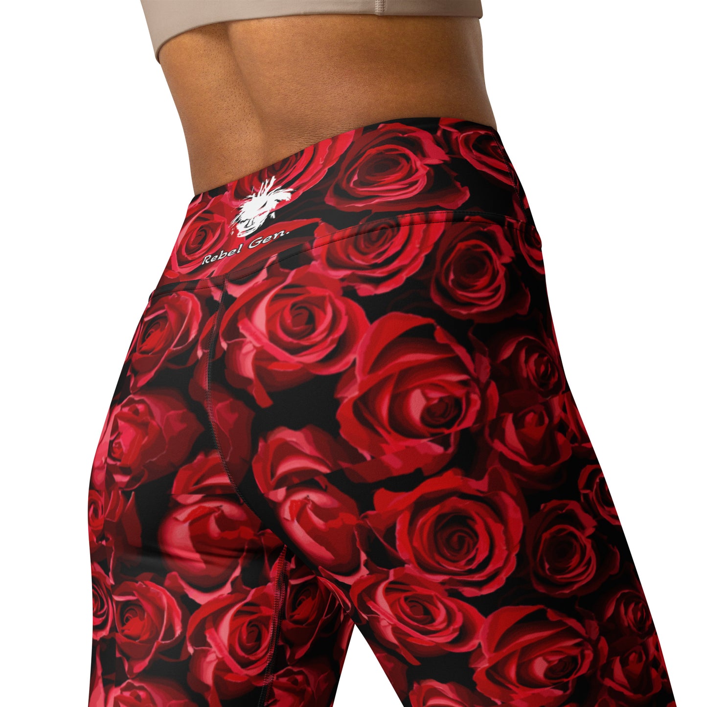 High-waisted yoga leggings featuring an exclusive red rose camouflage pattern