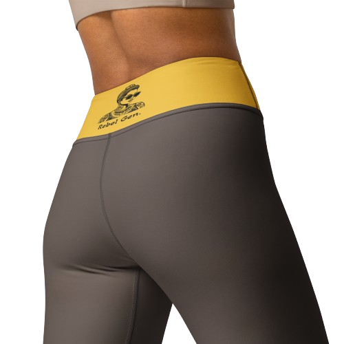 Activewear for women. High waisted leggings brown and yellow with superb back tattoos.