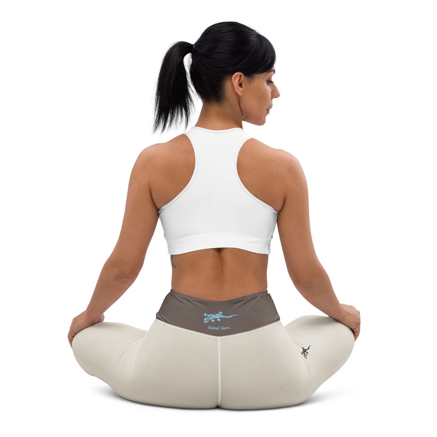Limited edition sand high-waisted leggings with turquoise tattoo designs for Spring 2025.