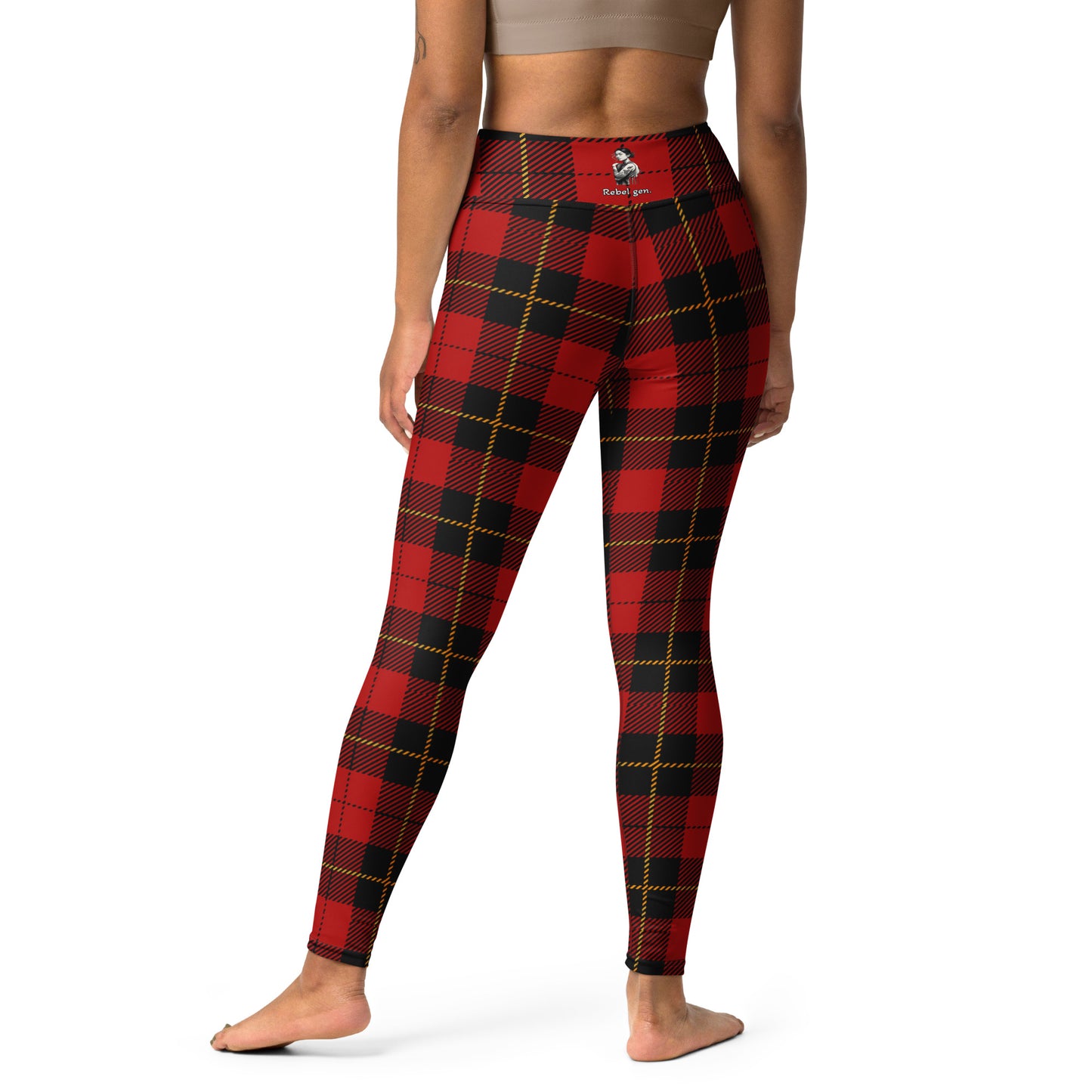 High-waisted luxury leggings in red plaid pattern, part of TheFamous activewear Street Limited Edition series