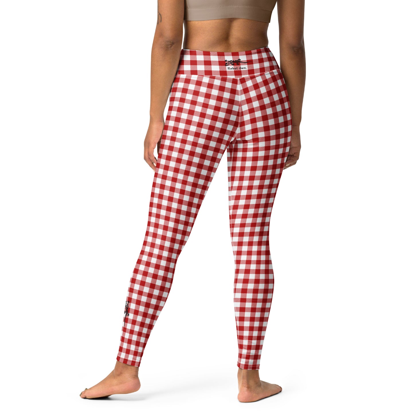60s Gingham Red high-waisted fashion leggings with retro red and white checkered pattern.