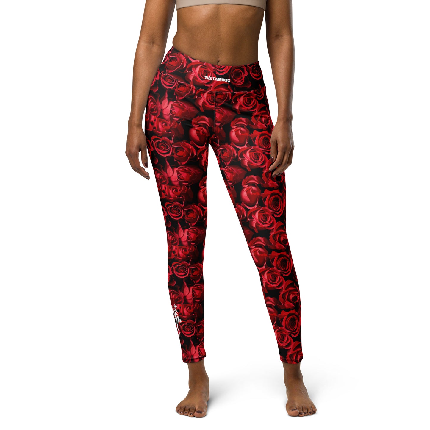 Limited edition high-waisted leggings with a unique red rose camouflage design