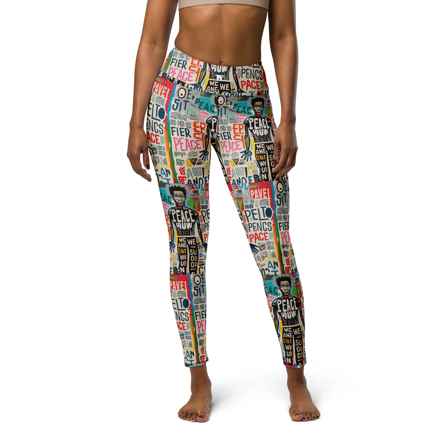 Exclusive leggings featuring a dynamic camouflage pattern infused with vibrant street art elements,
