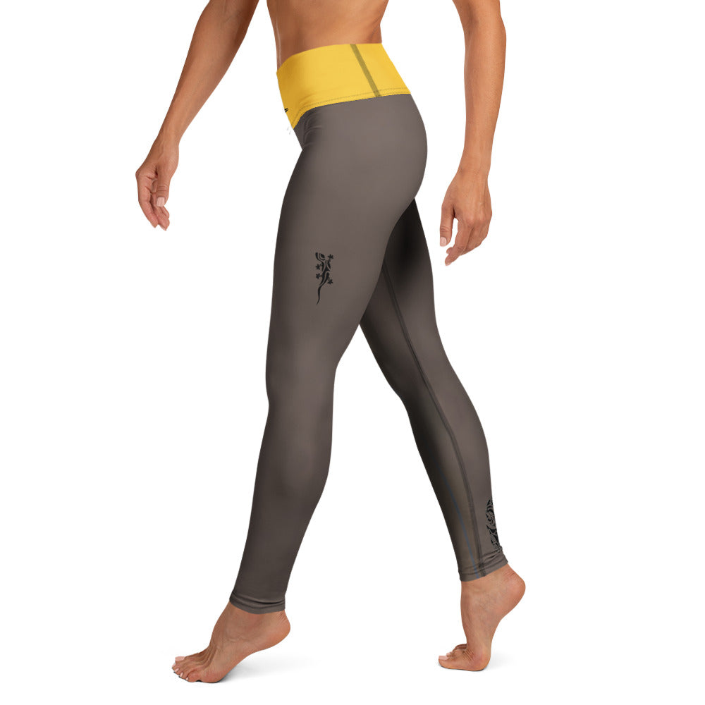 Activewear for women. High waisted leggings brown and yellow with superb back tattoos.