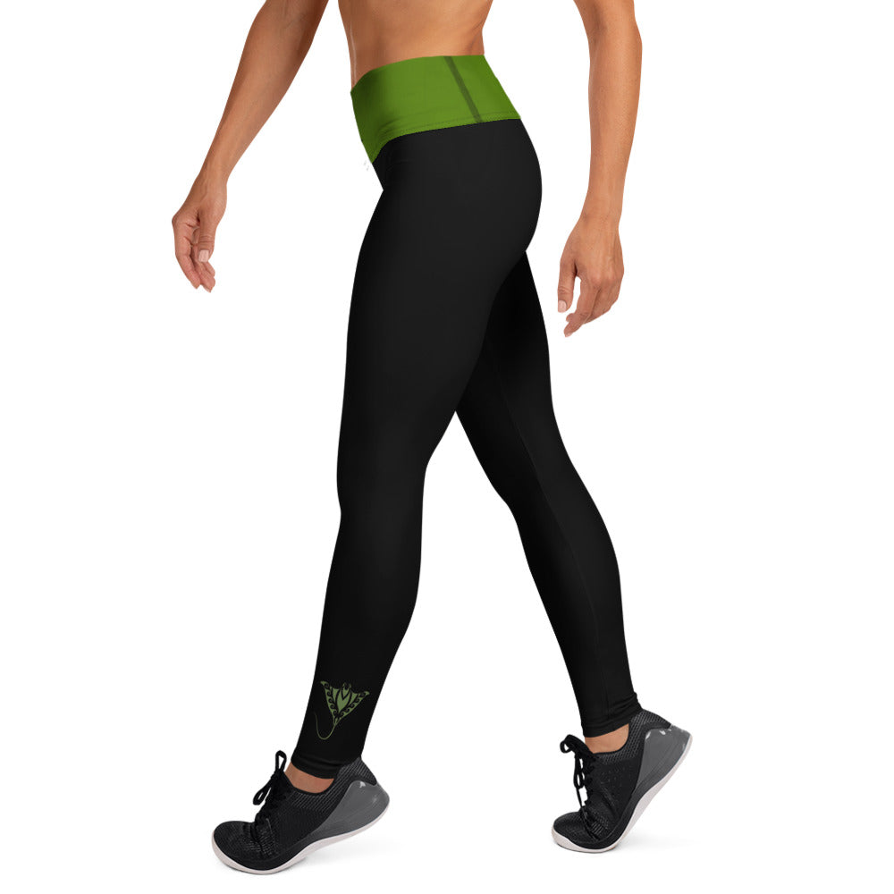Athletic Chic Activewear for women | Black high waist yoga Leggings with a green dill waist and tattoos | Limited edition TheFamous Studio