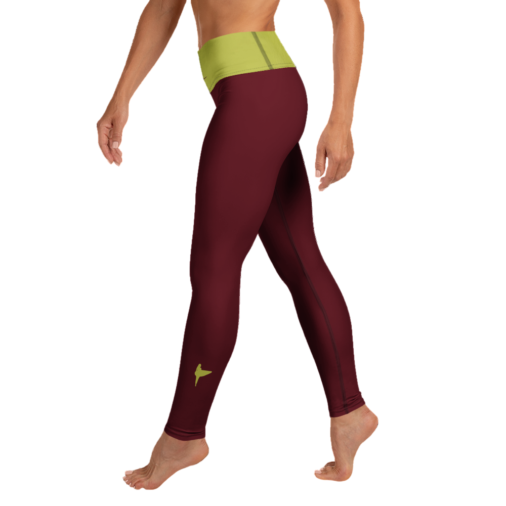 Activewear for women. Luxury Burgundy limited edition leggings with an anis waist and surfer tattoos.