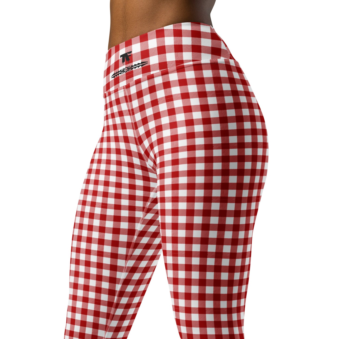 Fashionable high-waisted leggings in red gingham print from TheFamous Studio