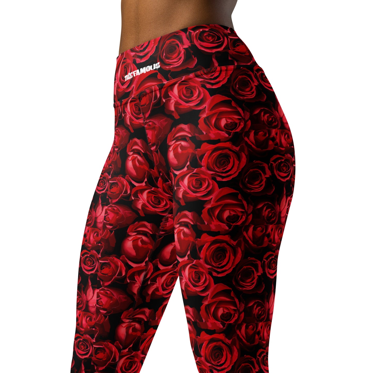 High-waisted yoga leggings featuring an exclusive red rose camouflage pattern