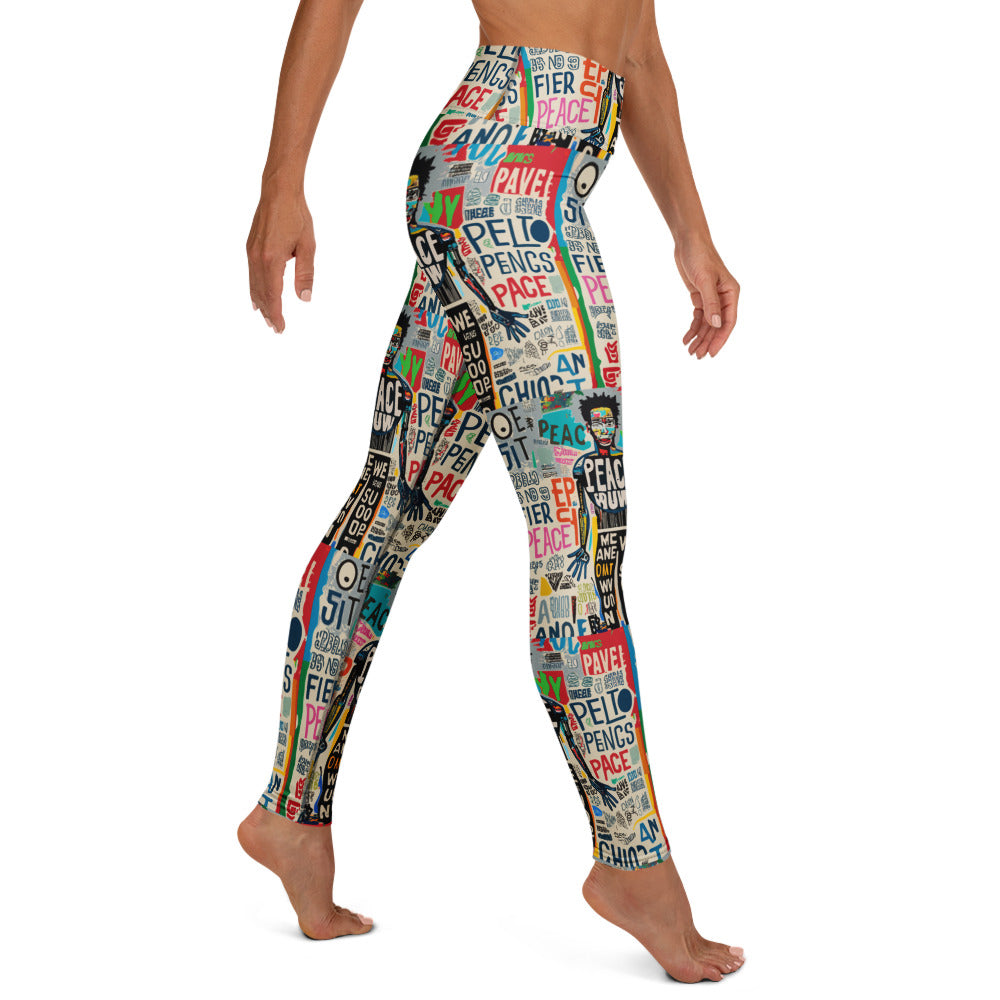 Limited edition leggings which feature a dynamic camouflage pattern infused with vibrant street art elements,