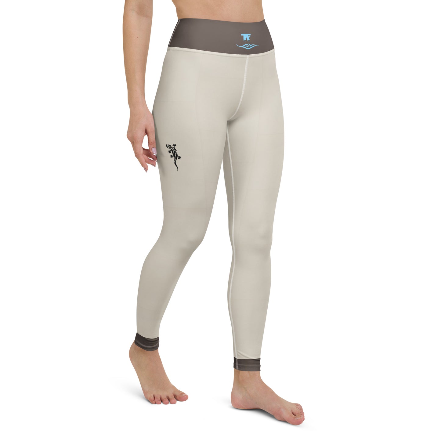 High-waisted beige leggings with turquoise tattoo print—exclusive Spring 2025 activewear