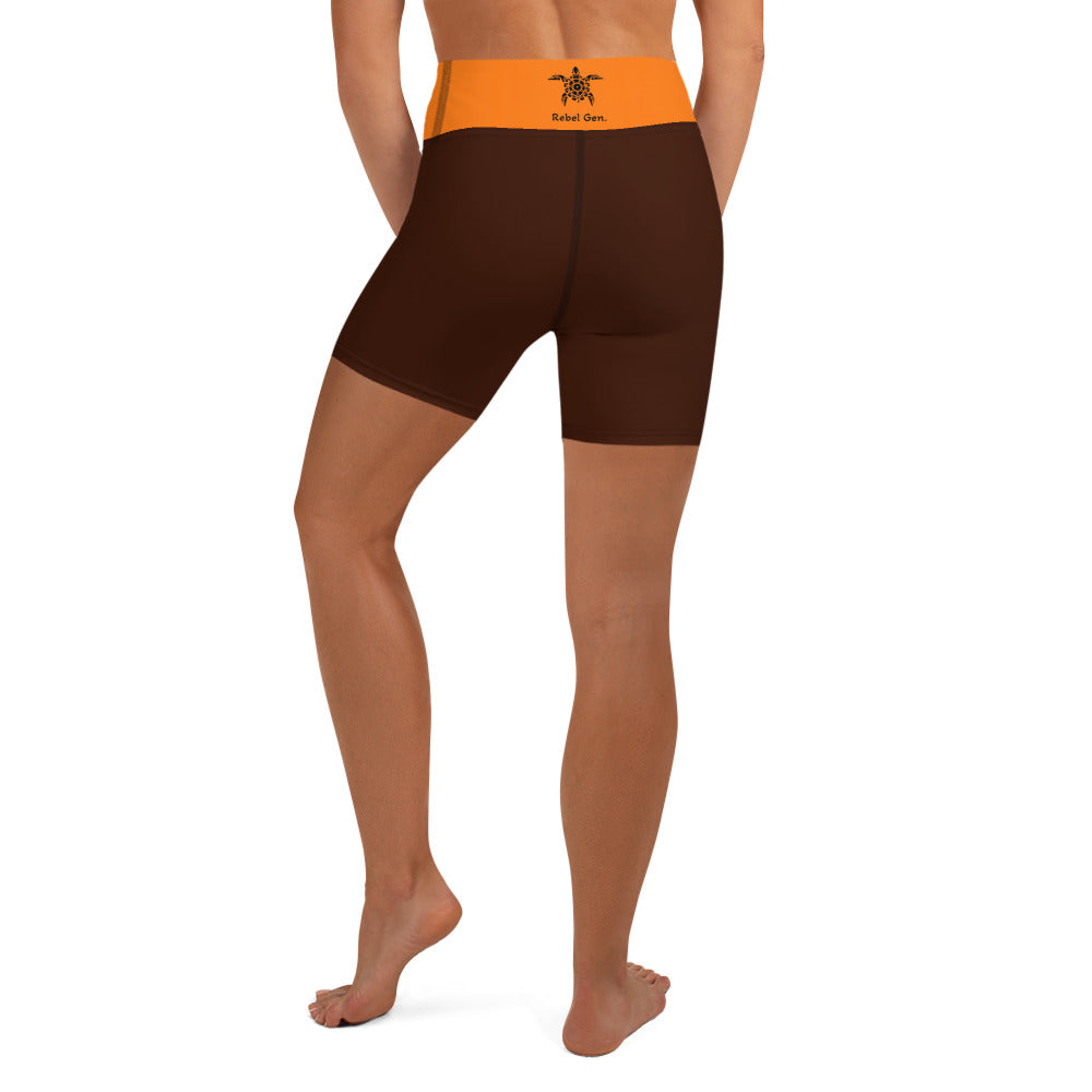 Activewear for women. High waisted shorts brown and orange with surf tattoos