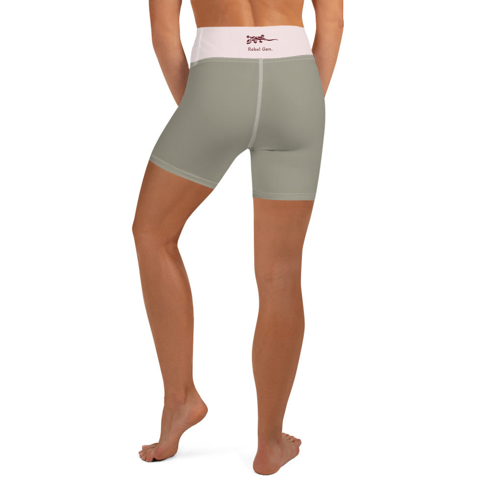 Activewear for women. High waisted shorts khaki and pink with surf tattoos. Limited editions