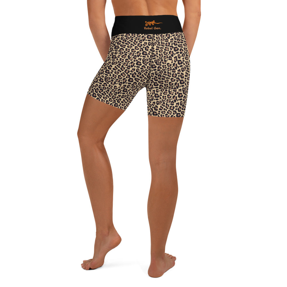 Activewear for women. High waisted shorts with a brown leopard print and a black waist from TheFamous Fauve Series.