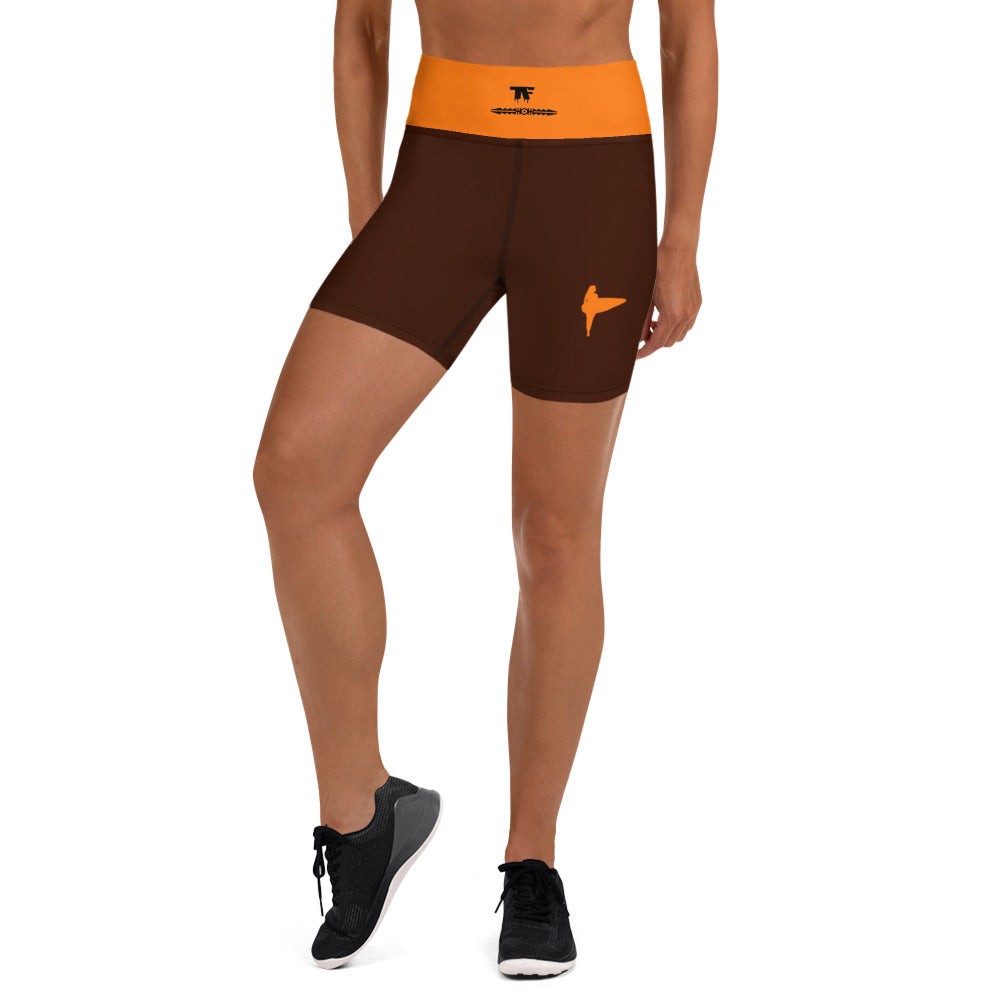 Activewear for women. High waisted shorts brown and orange with surf tattoos