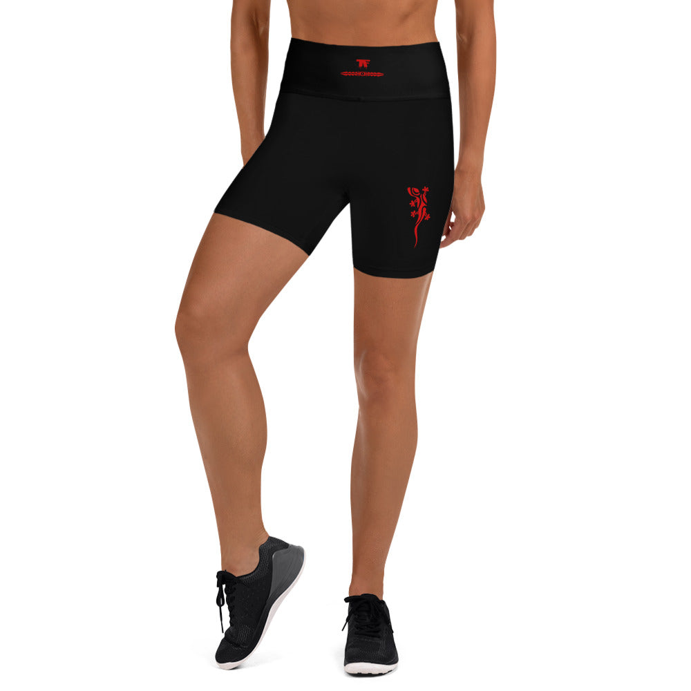 Activewear for women. High raise black short with red tags .
