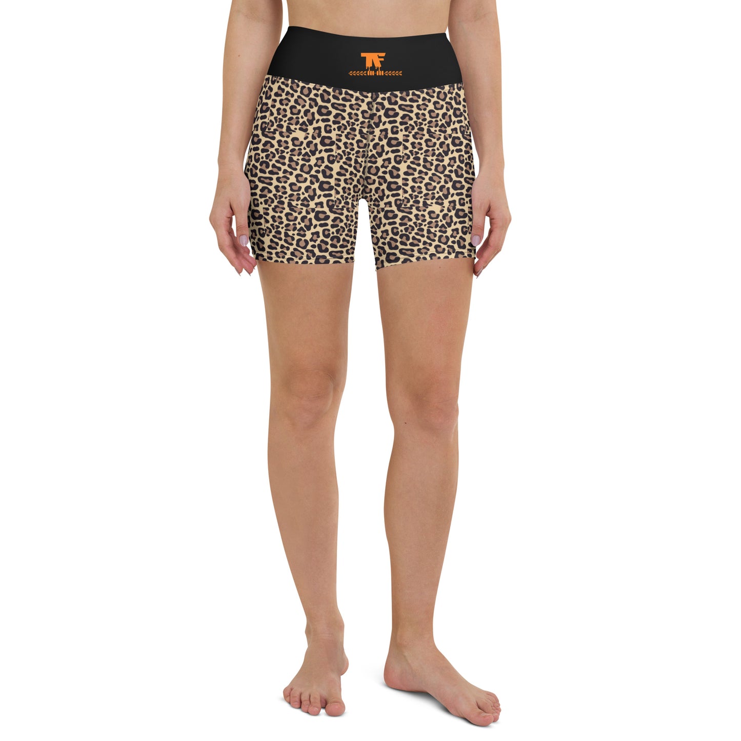 Activewear for women. High waisted shorts with a brown leopard print and a black waist from TheFamous Fauve Series.
