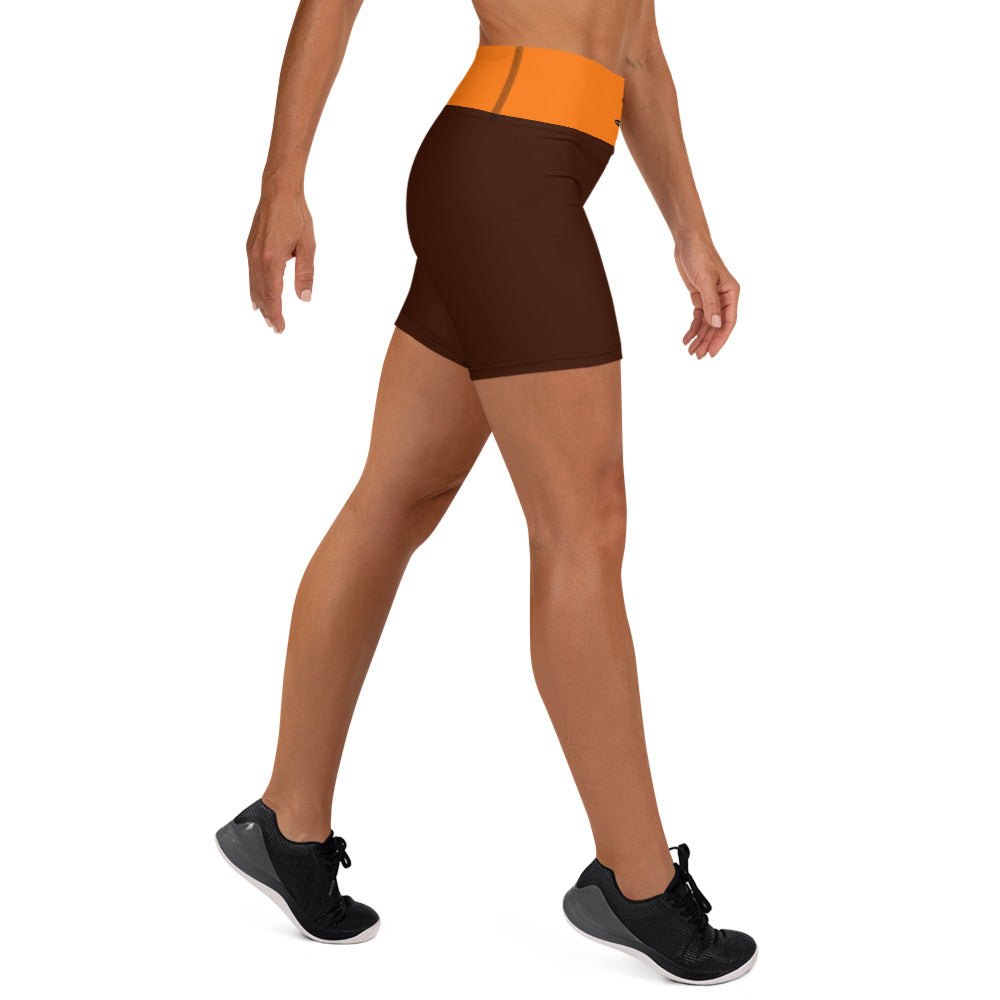 Activewear for women. High waisted shorts brown and orange with surf tattoos