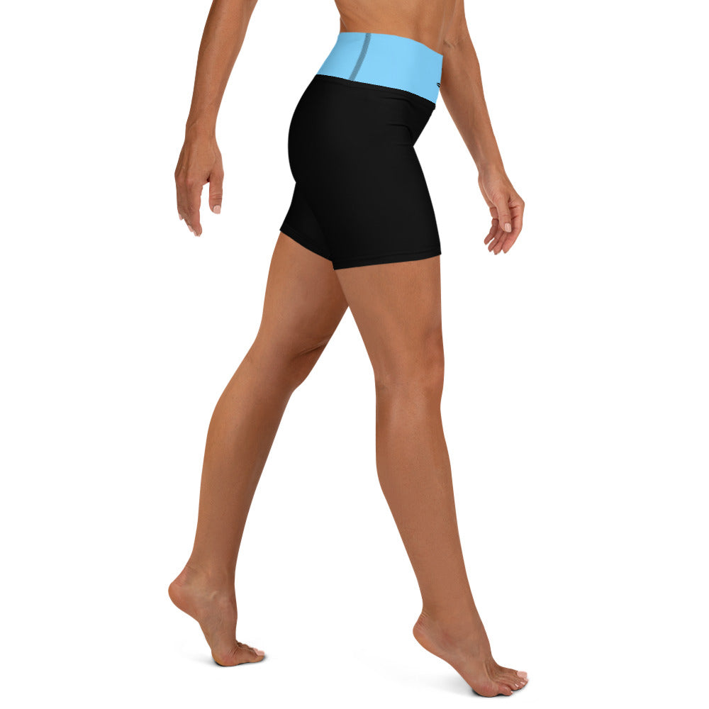 Activewear for women. High waisted short black and turquoise with surfer tattoos.