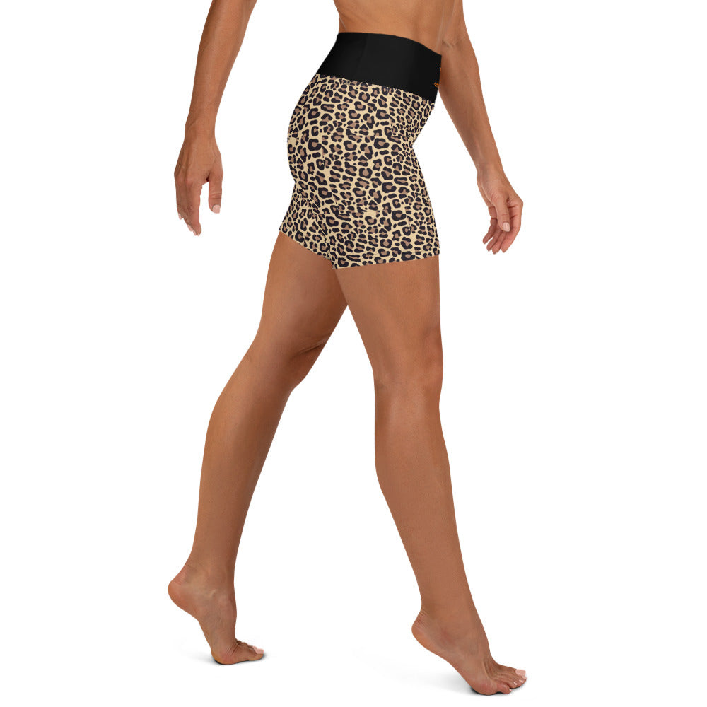 Activewear for women. High waisted shorts with a brown leopard print and a black waist from TheFamous Fauve Series.