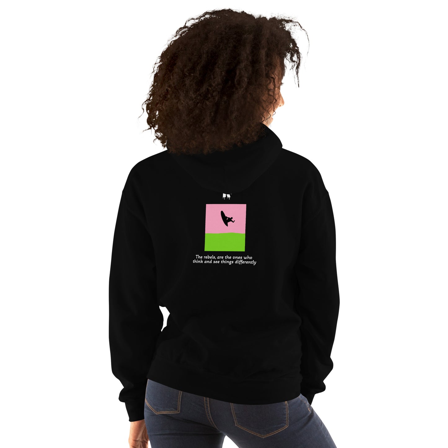 Product mockupActivewear Hoodie Black .A tribute to surf culture with a surfer surfer design on both sides