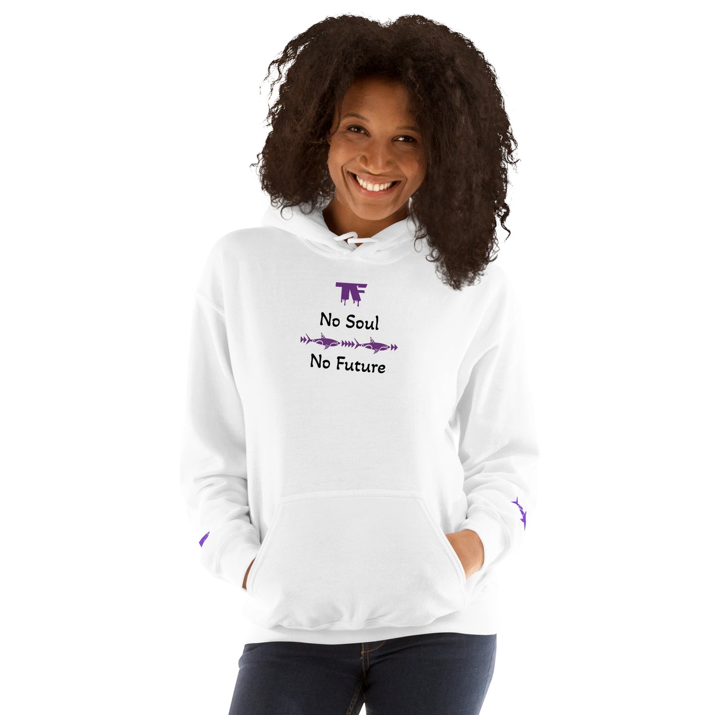 Activewear for women. White Fitness hoodie 'No Soul No Future'.