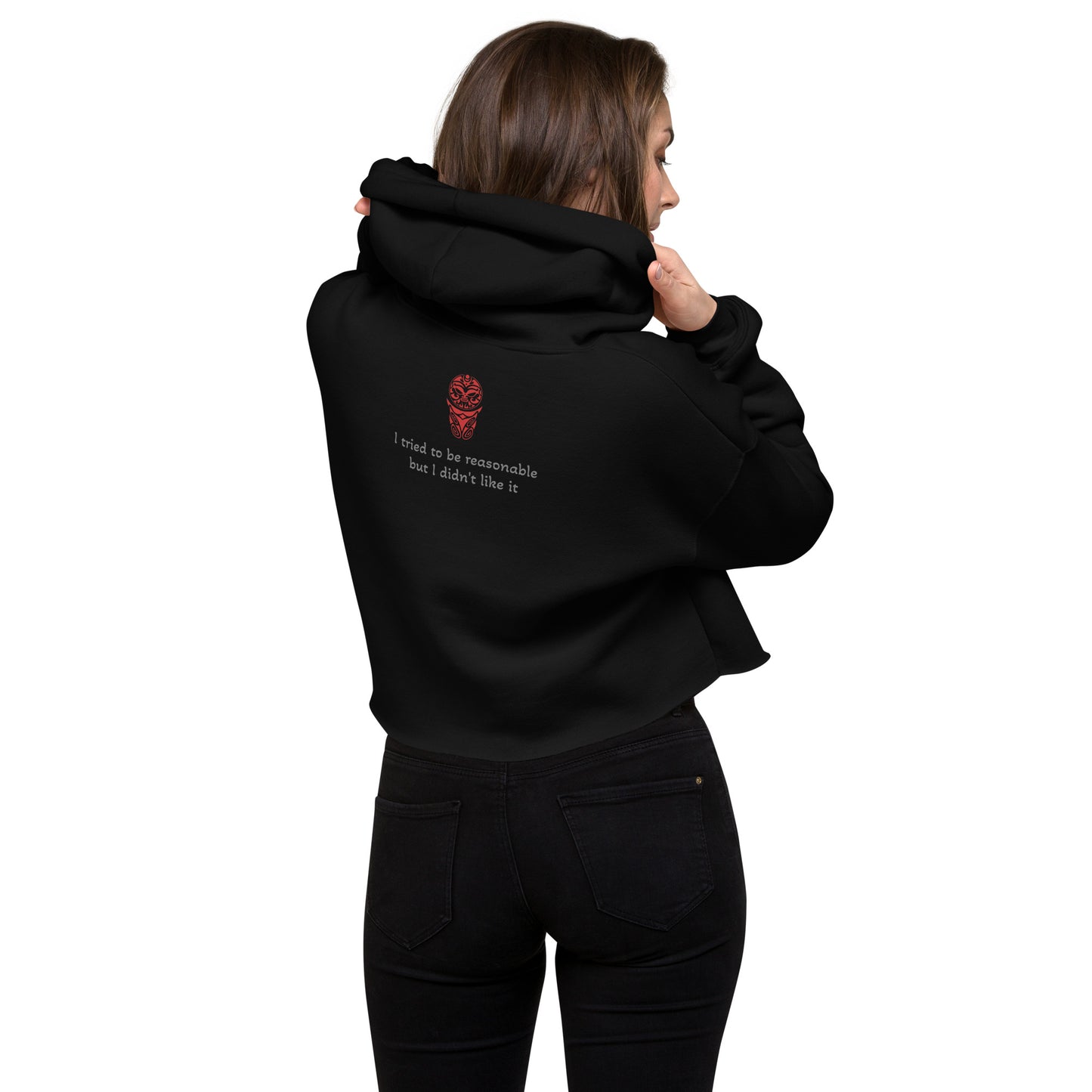 Activewear for women. Black crop hoodie with a red No Culture , No Future slogan.