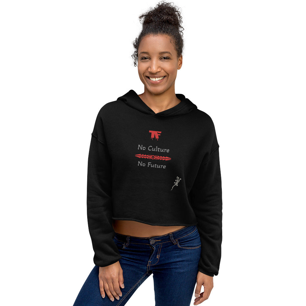 Activewear for women. Black crop hoodie with a red No Culture , No Future slogan.