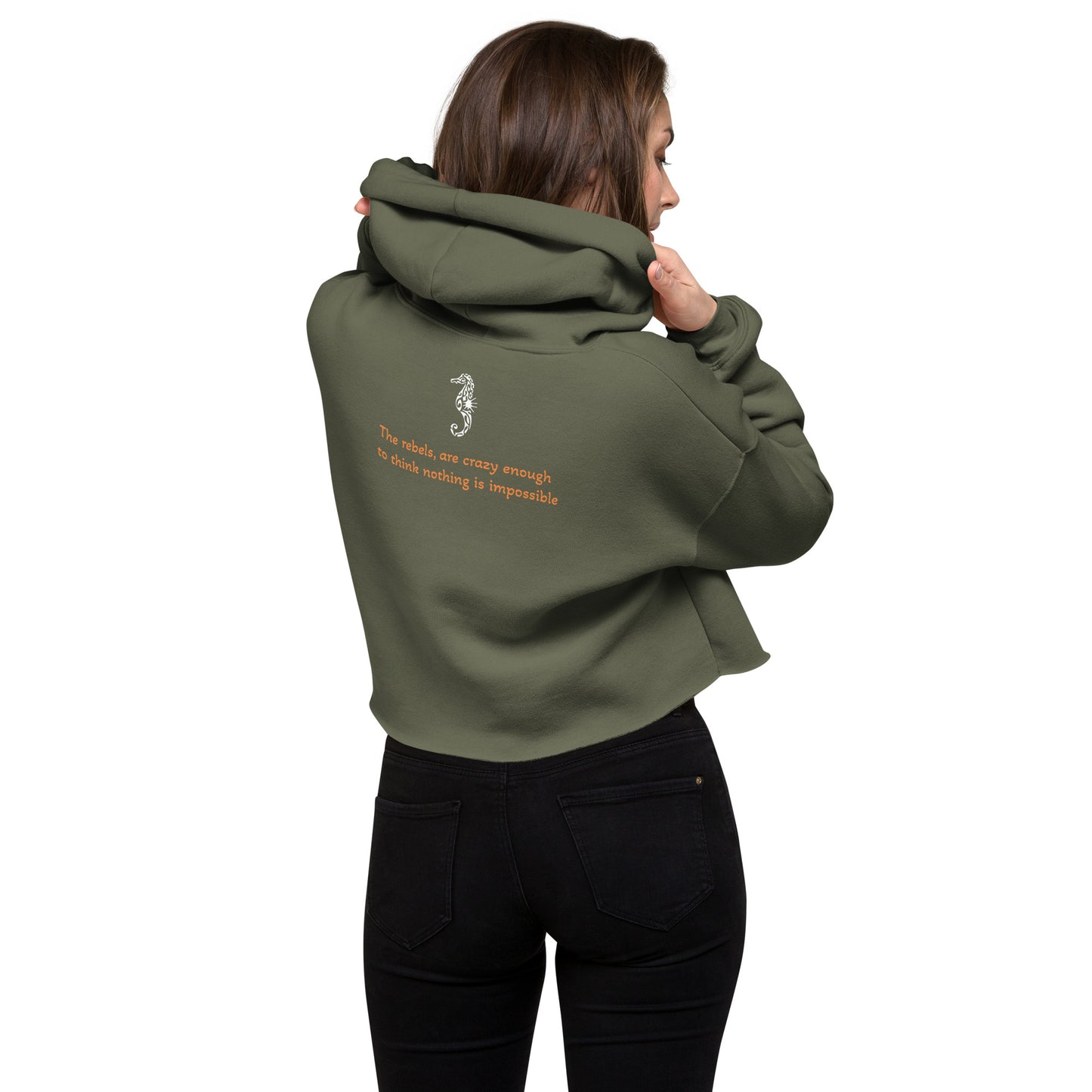 Activewear for women. Crop Hoodie Khaki No Soul No Future with a touch of orange for the text