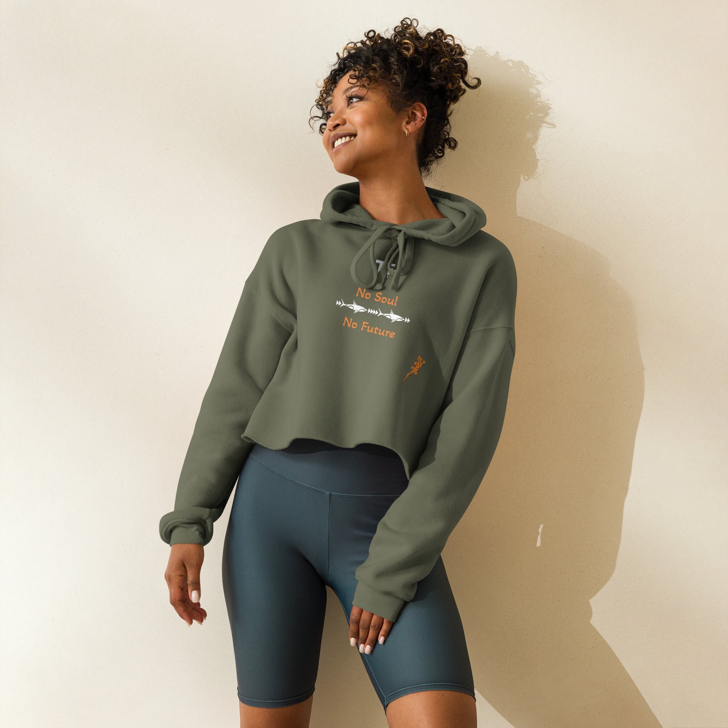 Activewear for women. Crop Hoodie Khaki No Soul No Future with a touch of orange for the text