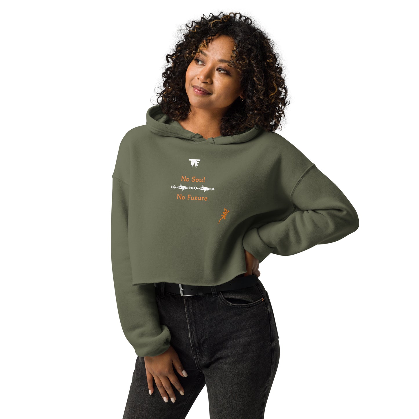 Activewear for women. Crop Hoodie Khaki No Soul No Future with a touch of orange for the text
