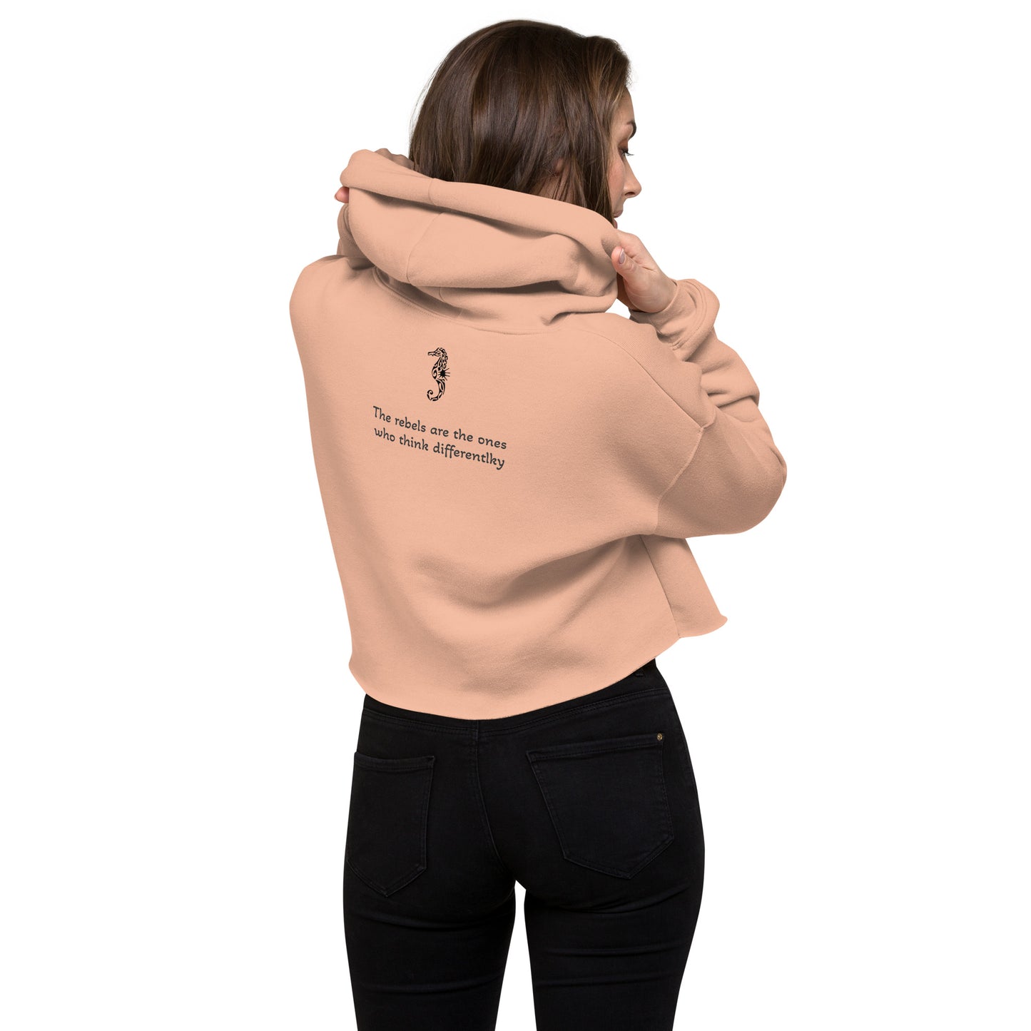 Activewear for women. Peach crop hoodie with a sustainable slogan 'Coral alive Better planet.'