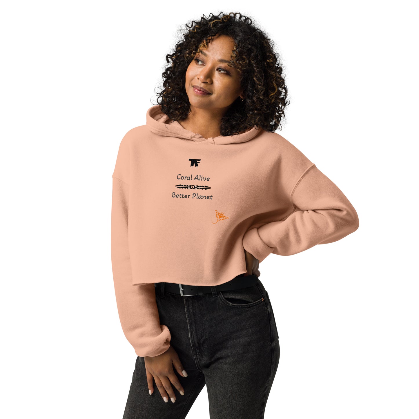 Activewear for women. Peach crop hoodie with a sustainable slogan 'Coral alive Better planet.'