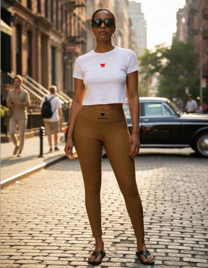 Quiet luxury activewear for woman - Camel leggings with unique black tattoos 