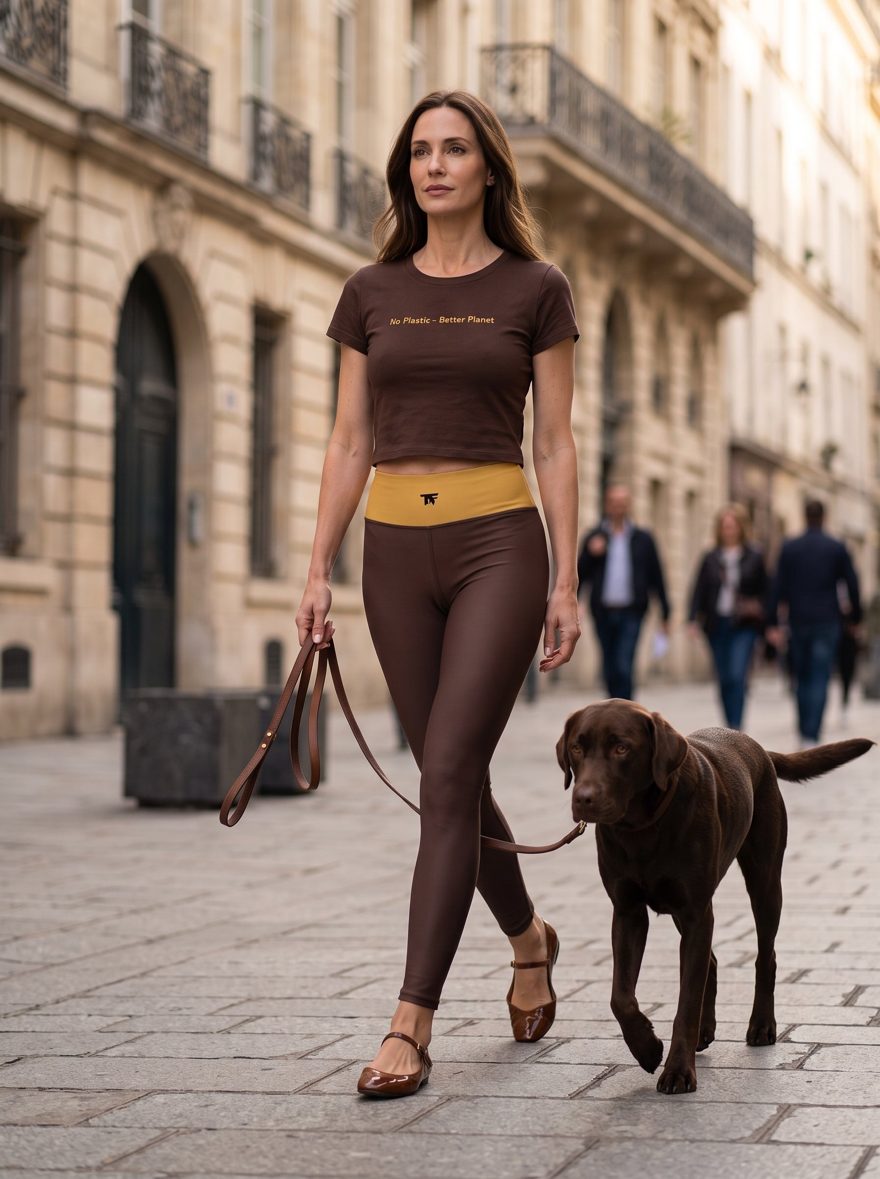 Activewear for women - Crop tee Brown & Ochre 'No Plastic' 