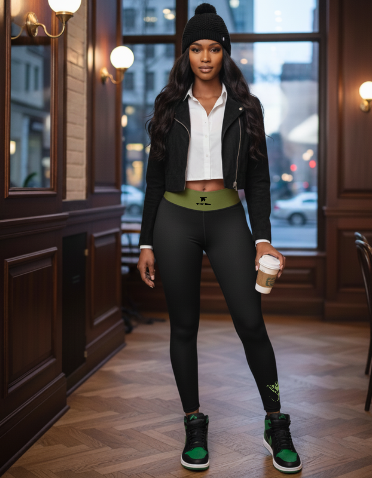 Yoga Leggings Black & Green Dill | Limited Edition TheFamous Studio