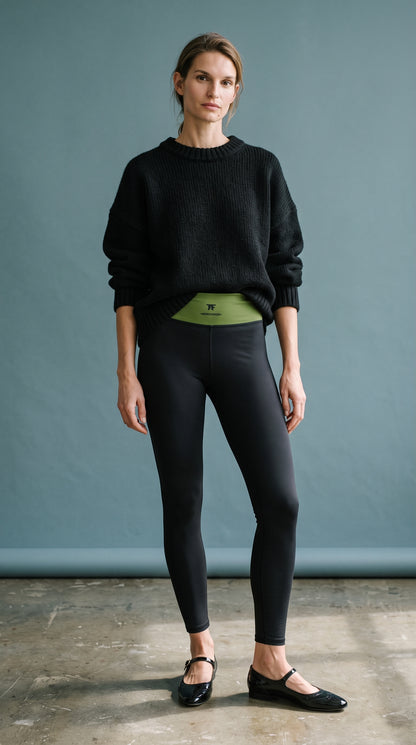 Athletic Chic Activewear for women | Black high waist yoga Leggings with a green dill waist and tattoos | Limited edition TheFamous Studio