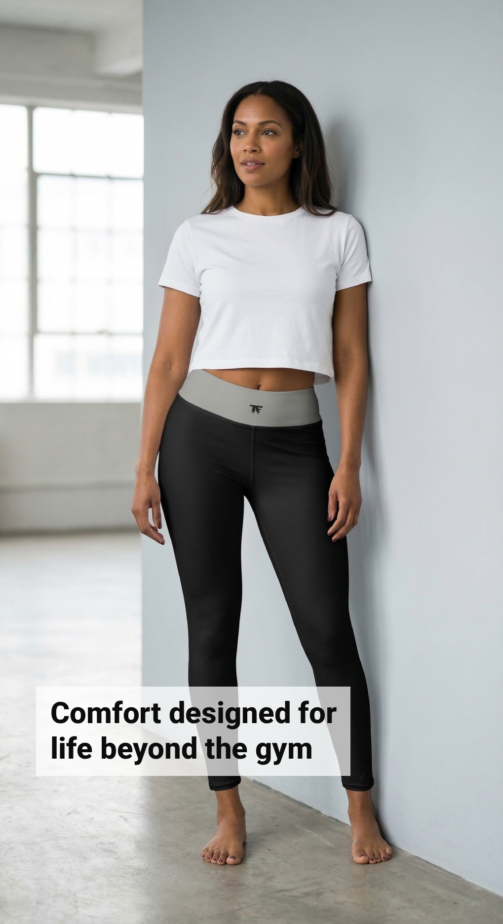 Athletic Chic Activewear for women | black yoga Leggings with a Grey taupe waist and tattoos | Limited edition TheFamous Studio