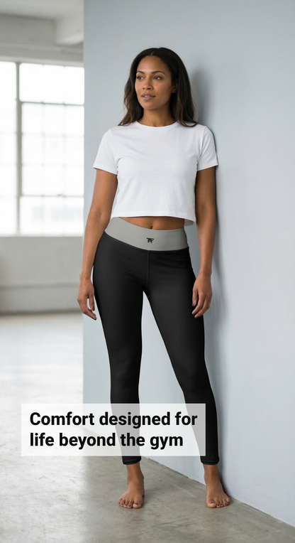 Athletic Chic Activewear for women | black yoga Leggings with a Grey taupe waist and tattoos | Limited edition TheFamous Studio