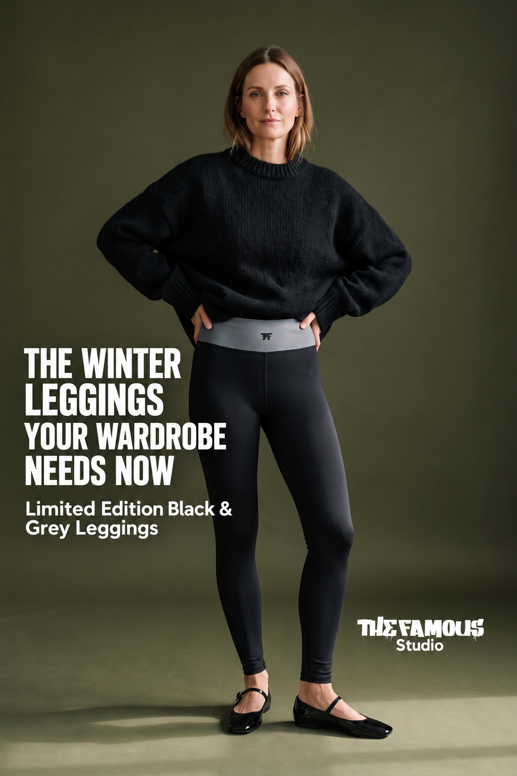 Athletic Chic Activewear for women | black yoga Leggings with a Grey taupe waist and tattoos | Limited edition TheFamous Studio